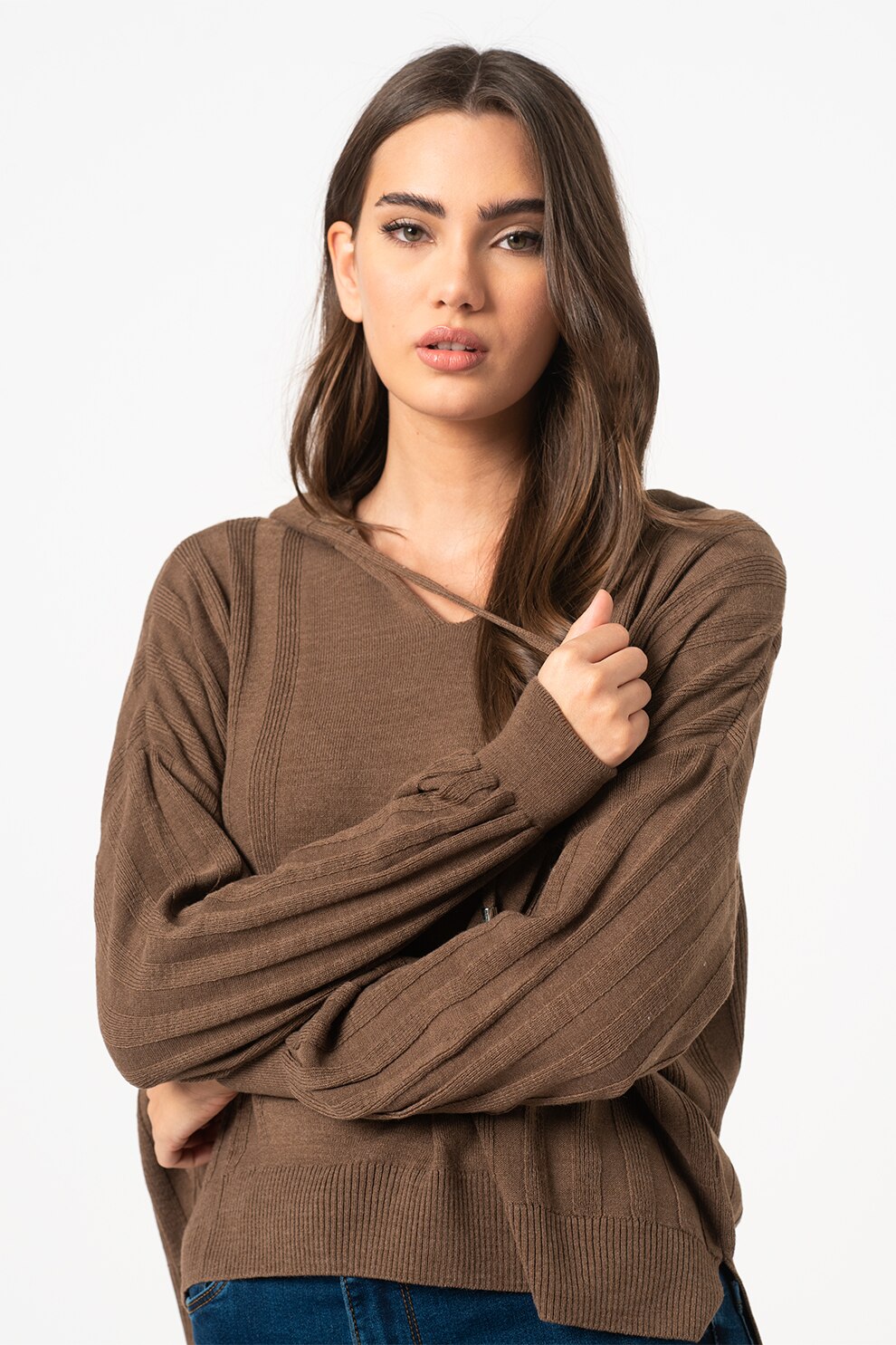 Only, Pulover cu gluga si detalii striate New Tessa, Maro