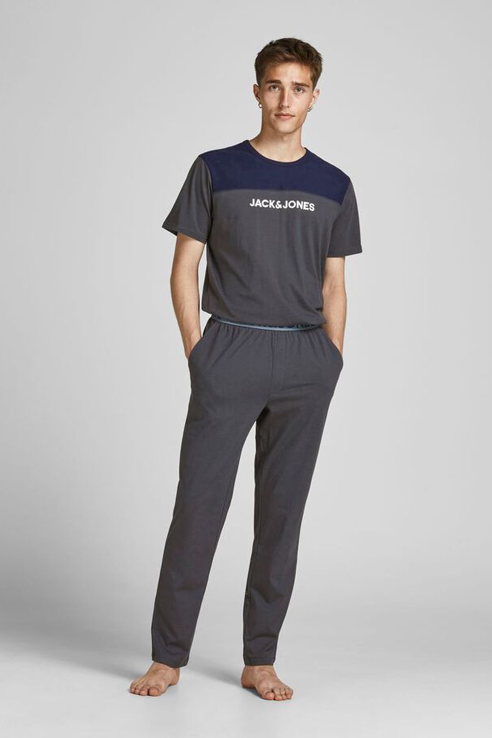 Jack&Jones, Pijama de bumbac cu tricou si pantaloni, Gri inchis/Bleumarin/Alb