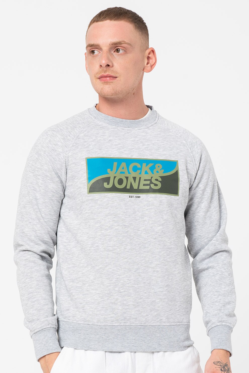 Jack&Jones, Bluza sport cu imprimeu logo si maneci raglan Fly, Gri melange, M