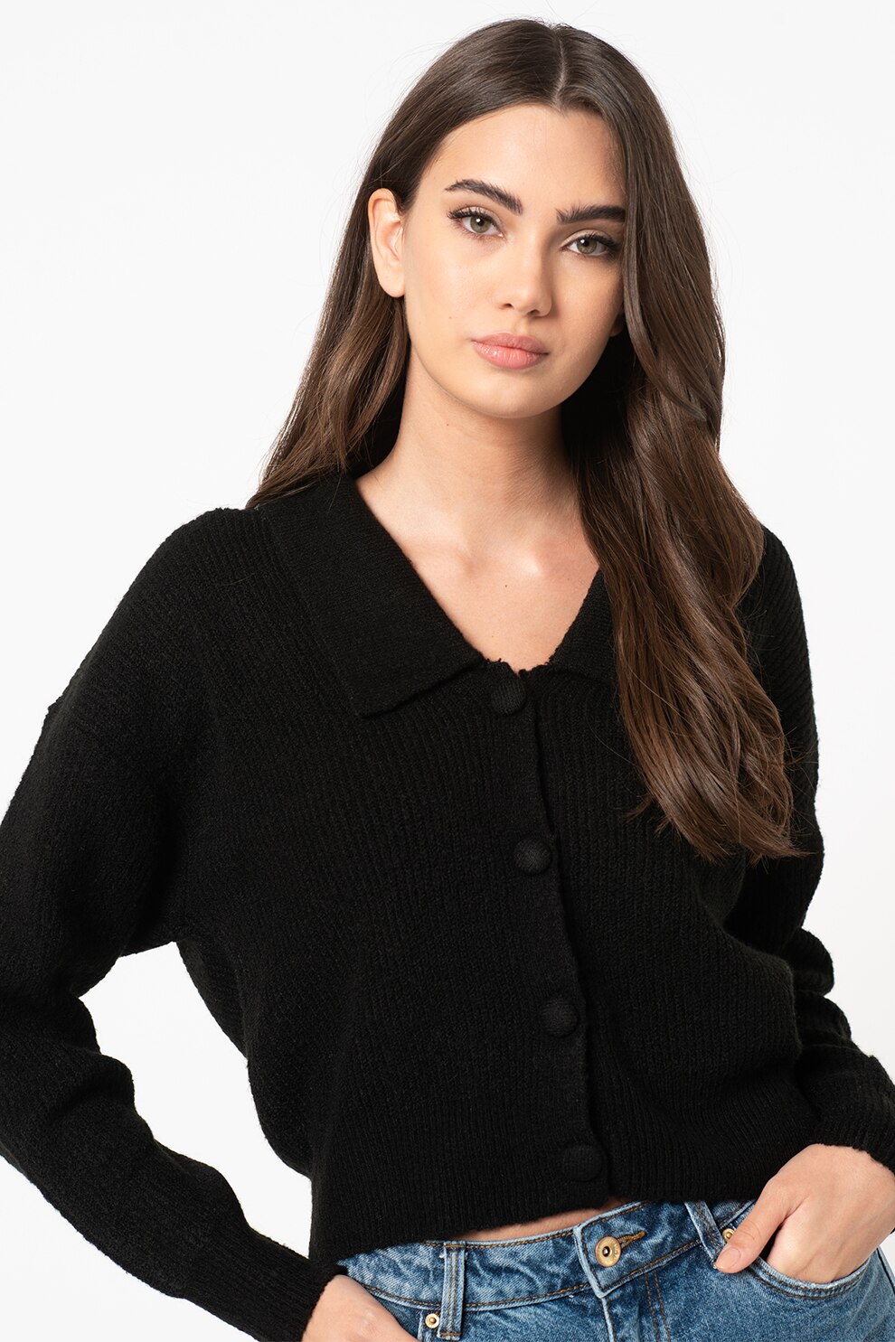 Vero Moda, Cardigan cu guler supradimensionat Rosie, Negru