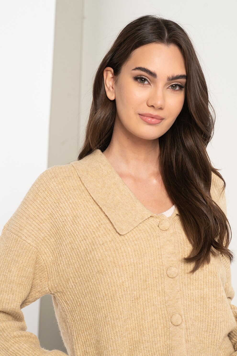 Vero Moda, Cardigan cu guler supradimensionat Rosie, Maro nisip