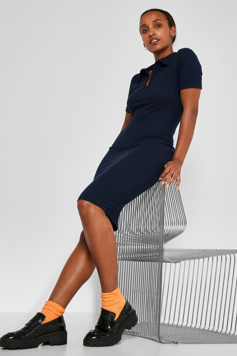 Noisy May, Rochie cu striatii si guler ascutit, Bleumarin