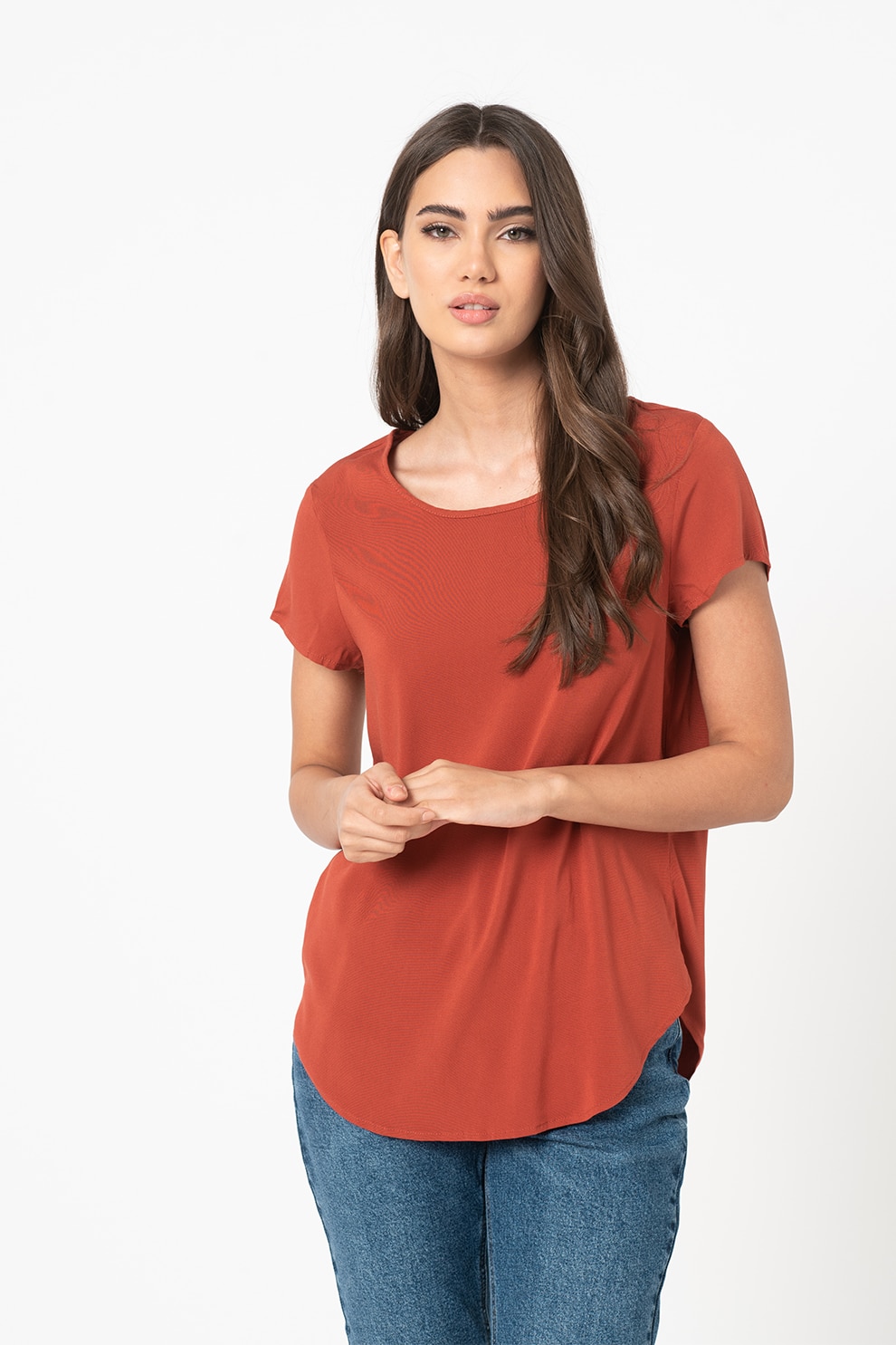 Vero Moda, Bluza cu decolteu rotund si maneci scurte, Rosu caramiziu