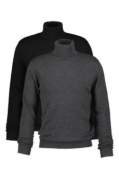 Jack&Jones, Set de pulovere tricotate fin cu guler inalt Emil - 2 piese, Negru/Gri inchis Jack&Jones, Set de pulovere tricotate fin cu guler inalt Emil - 2 piese, Negru/Gri inchis