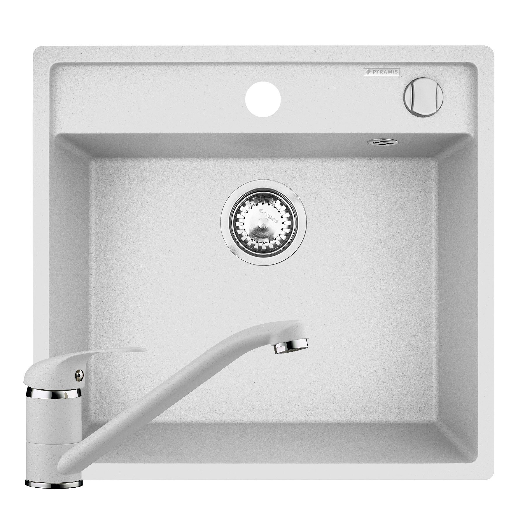 Pachet chiuveta si baterie Pyramis ALYA, dimensiune 530x500mm, adancime 190mm, 1 cuva, pipa standard, finisaj Pyragranite snow