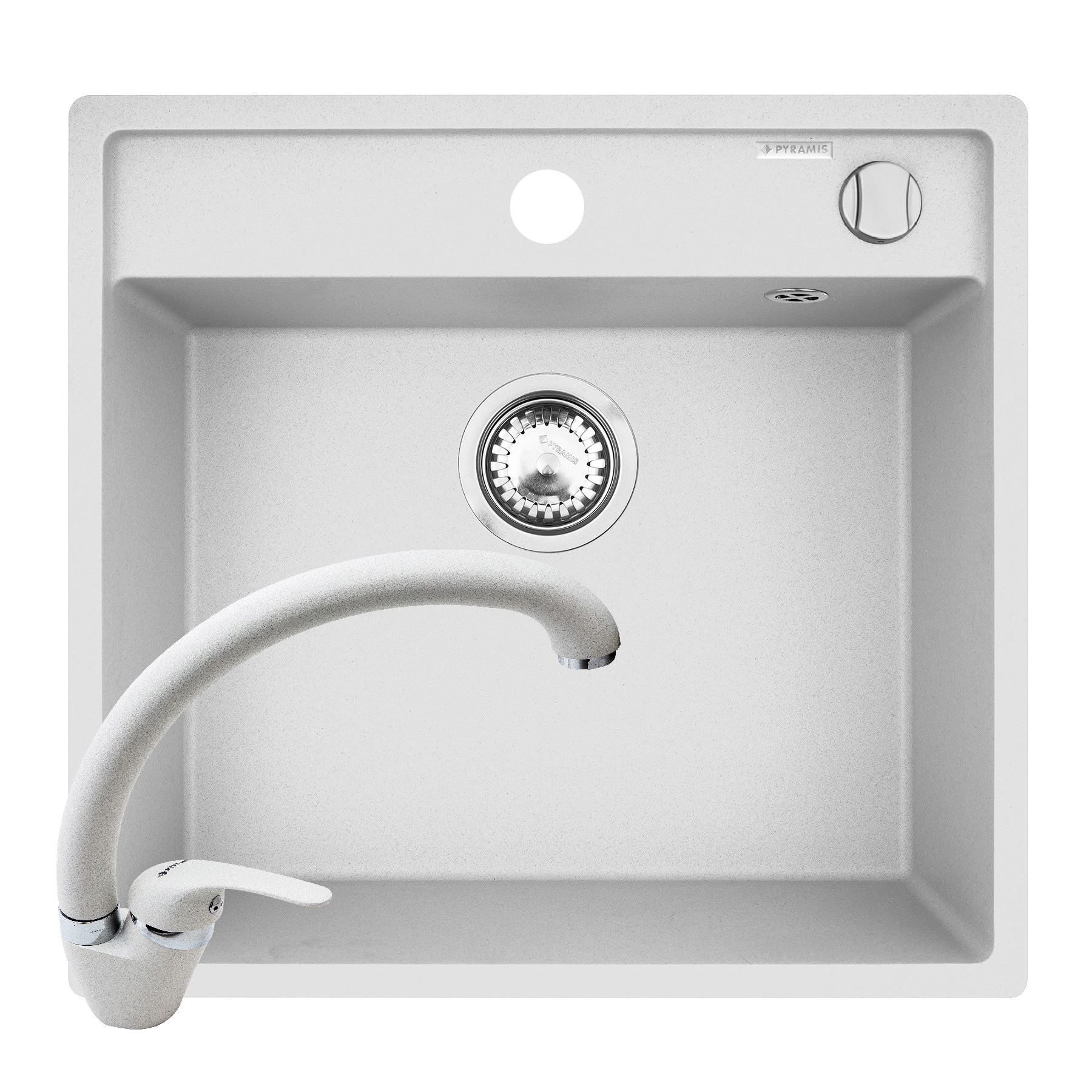 Pachet chiuveta si baterie Pyramis ALYA, dimensiune 530x500mm, adancime 190mm, 1 cuva, pipa inalta, finisaj Pyragranite snow