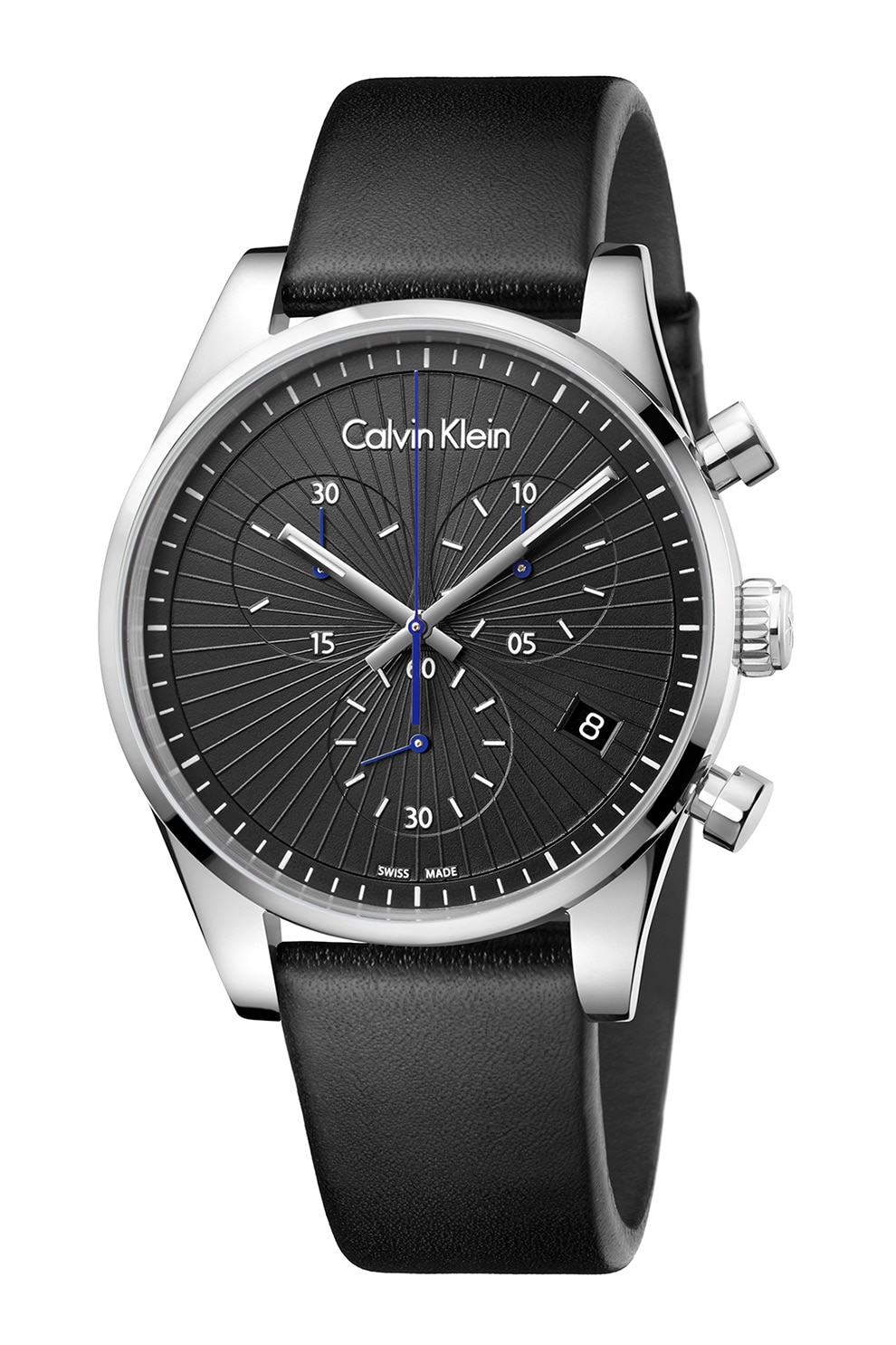 CALVIN KLEIN, Ceas quartz cu o curea de piele, Negru/Argintiu