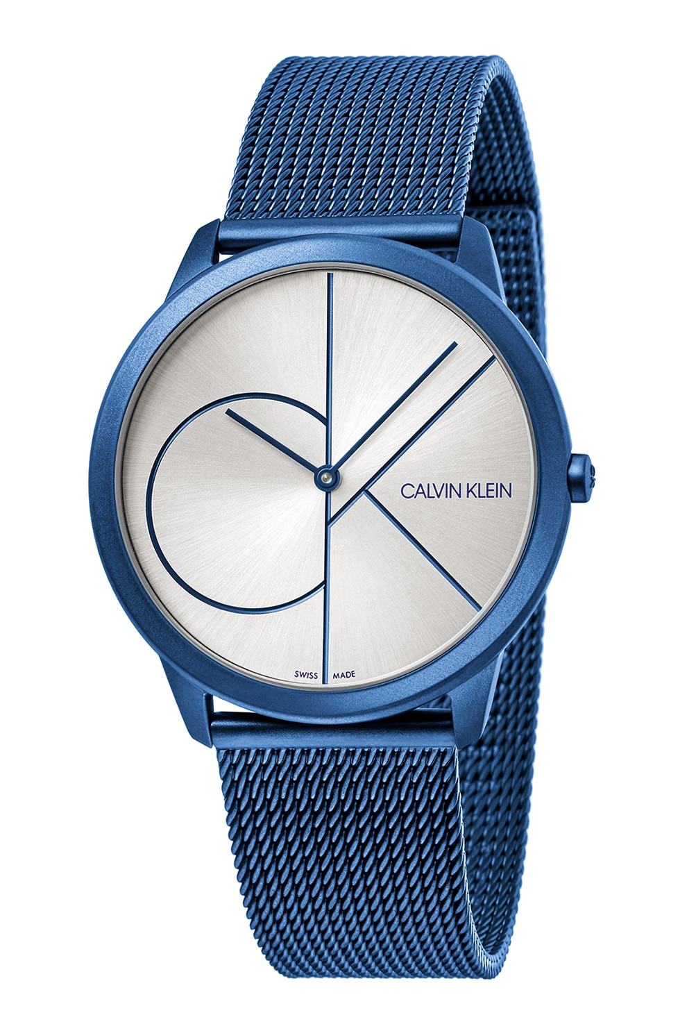 CALVIN KLEIN, Ceas quartz elvetian cu bratara din otel inoxidabil cu model plasa, Albastru inchis