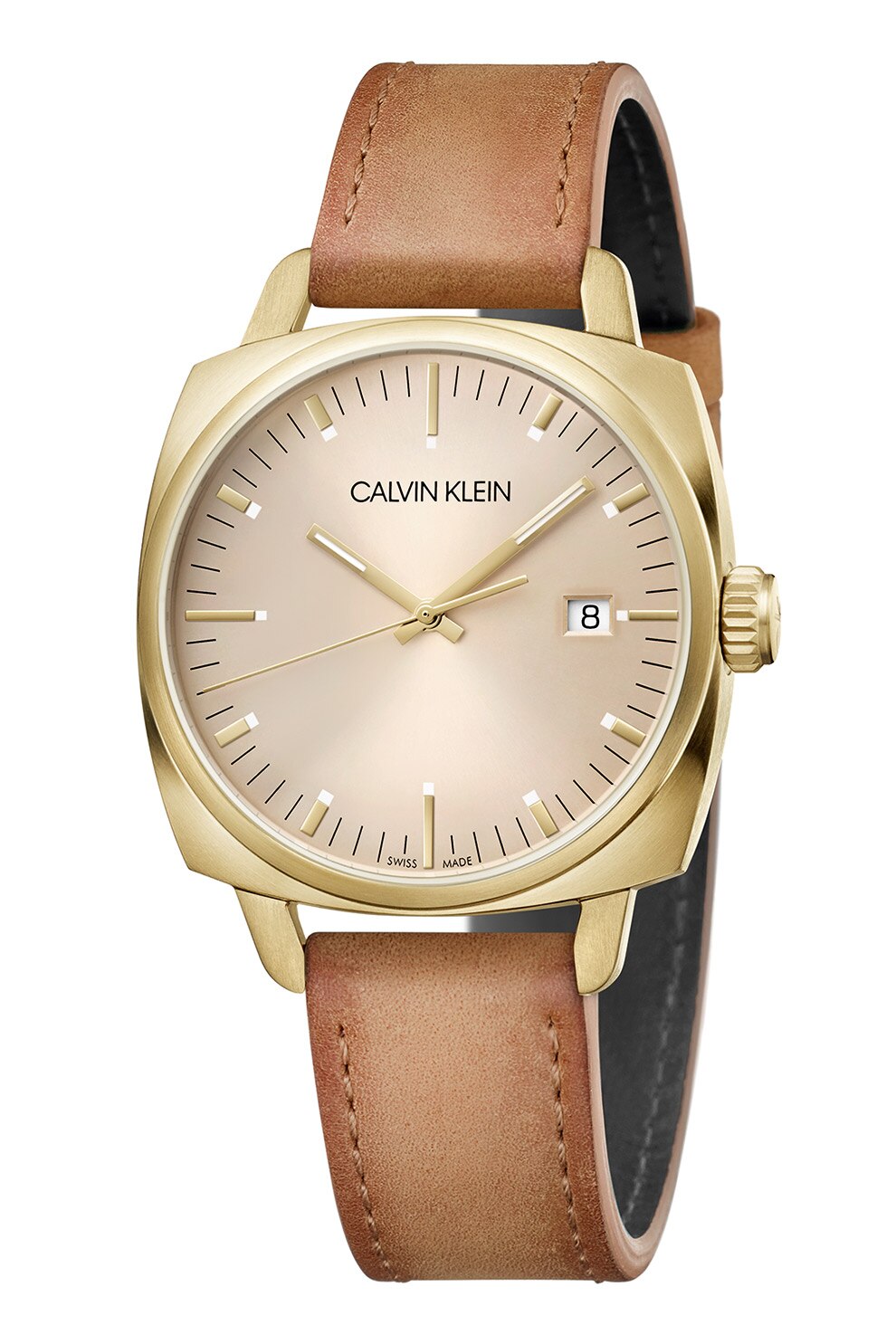 CALVIN KLEIN, Ceas quartz cu o curea de piele si detalii logo, Maro camel/Auriu