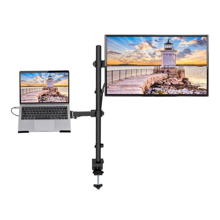 Suport pentru monitor de birou, raft laptop, ergonomic, 13-32 inch, reglabil, MANHATTAN, negru, ICA-LCD NTB136