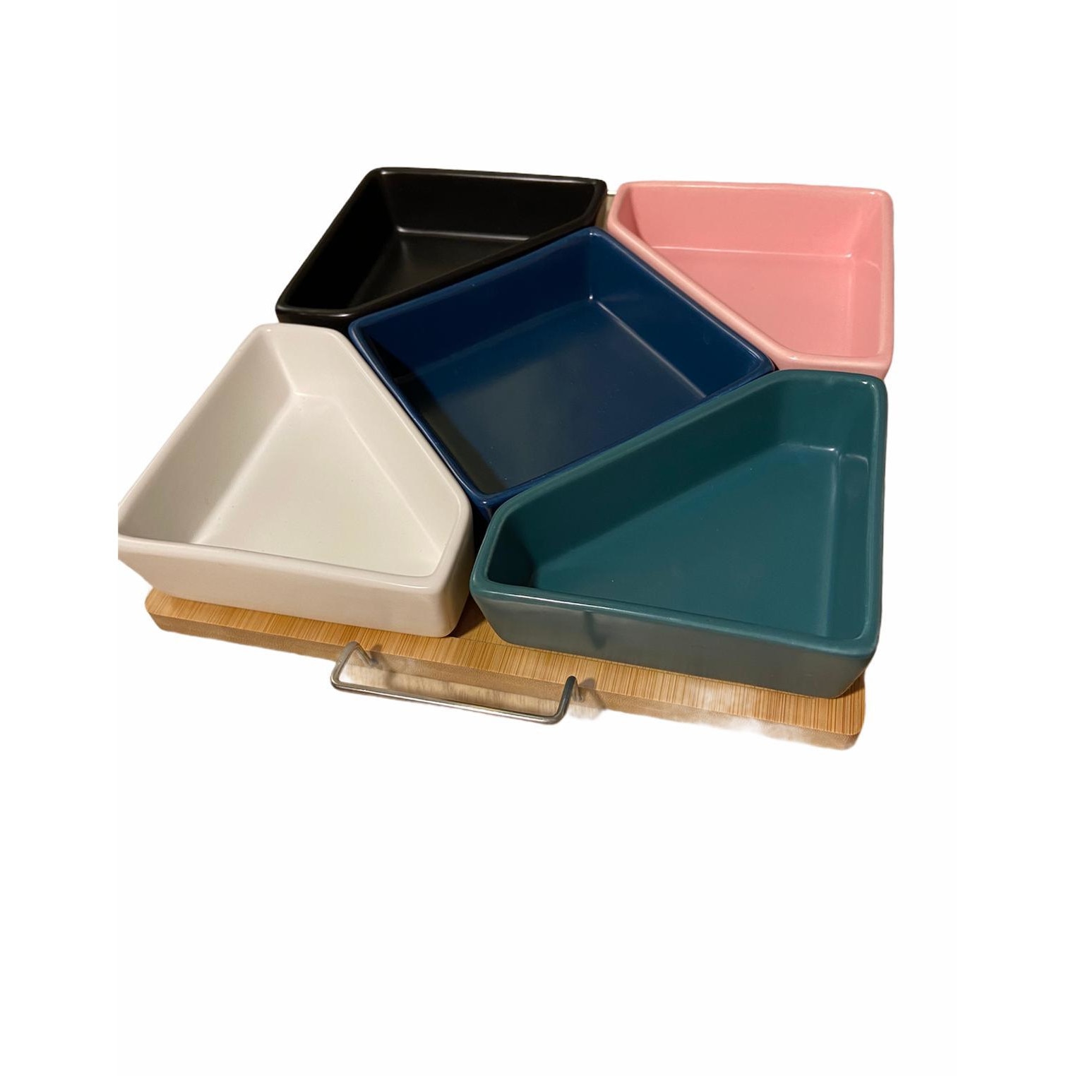 Set aperitive din ceramica, 5 boluri/set, 1 platou de lemn, multicolor,25x29x5cm