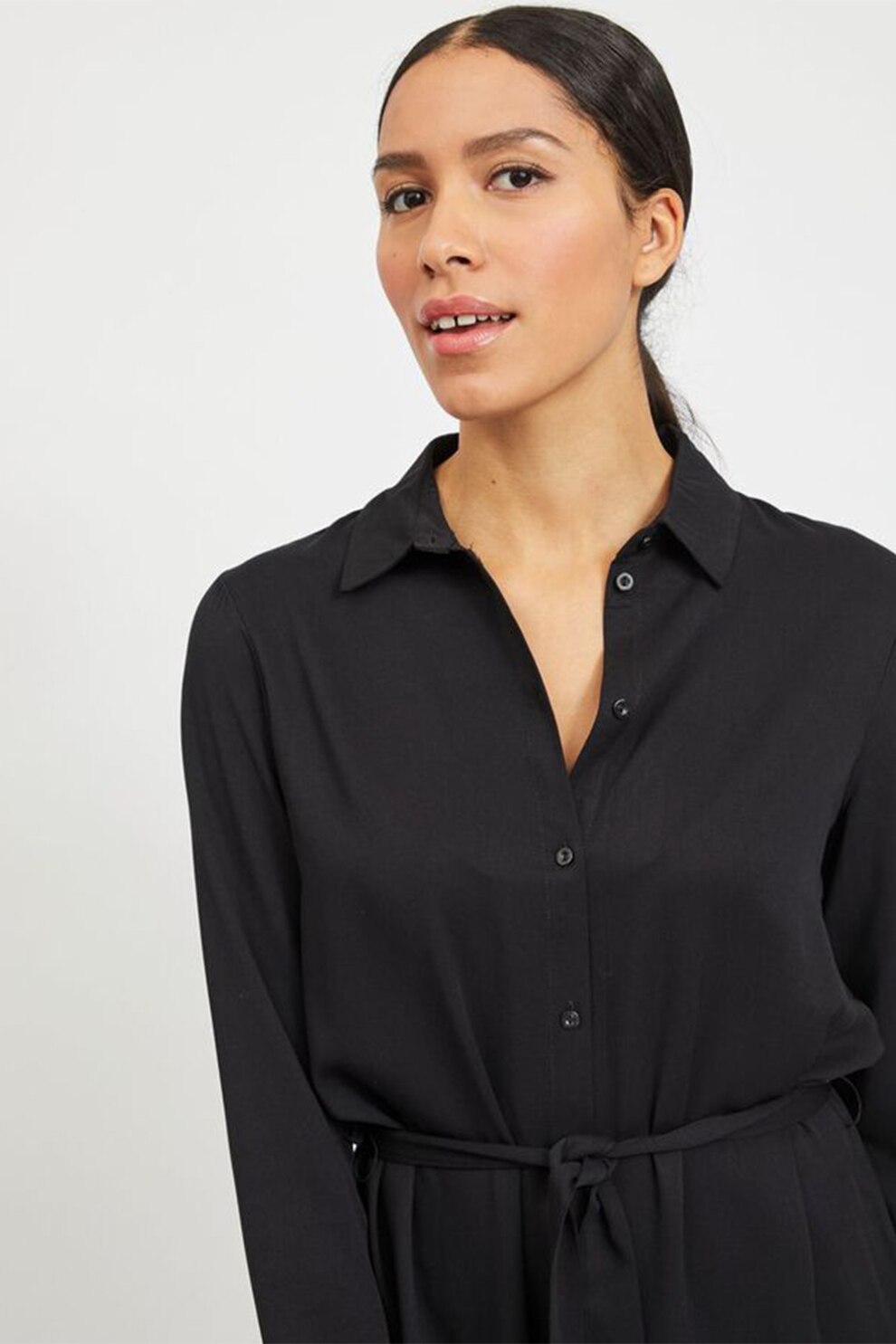 Vila, Rochie-camasa cu cordon in talie Dania, Negru, S