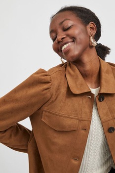 Vila, Jacheta de piele intoarsa ecologica cu guler ascutit, Cafeniu Vila, Jacheta de piele intoarsa ecologica cu guler ascutit, Cafeniu