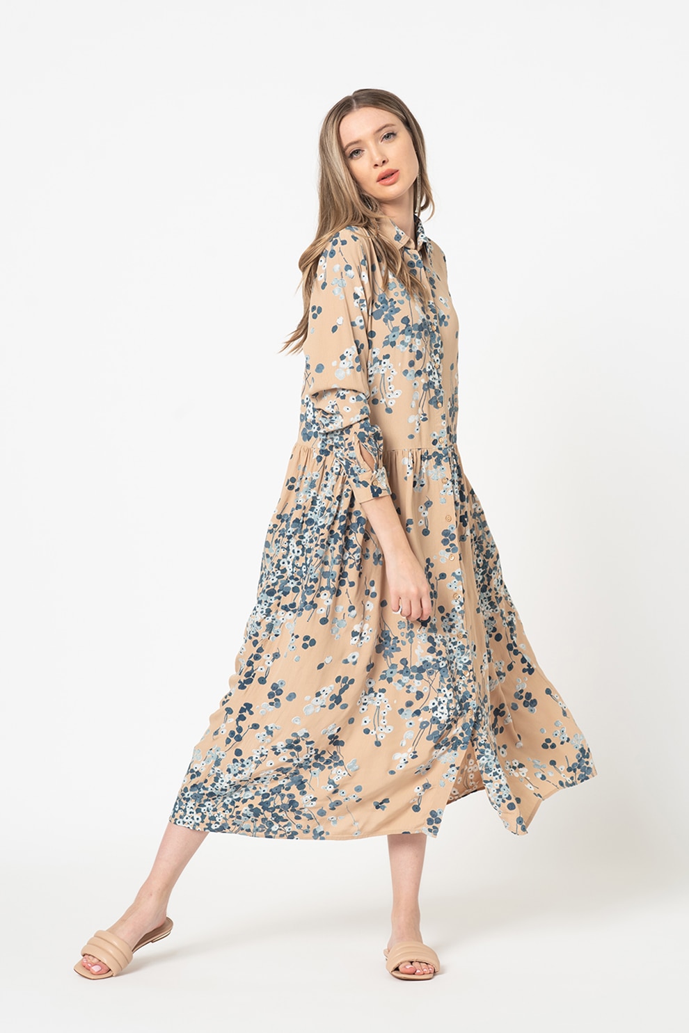 Vila, Rochie-camasa din viscoza cu imprimeu Malva, Maro deschis/Albastru