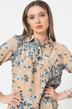 Vila, Camasa de viscoza cu imprimeu floral Malva, Maro deschis/Albastru, S Vila, Camasa de viscoza cu imprimeu floral Malva, Maro deschis/Albastru, S