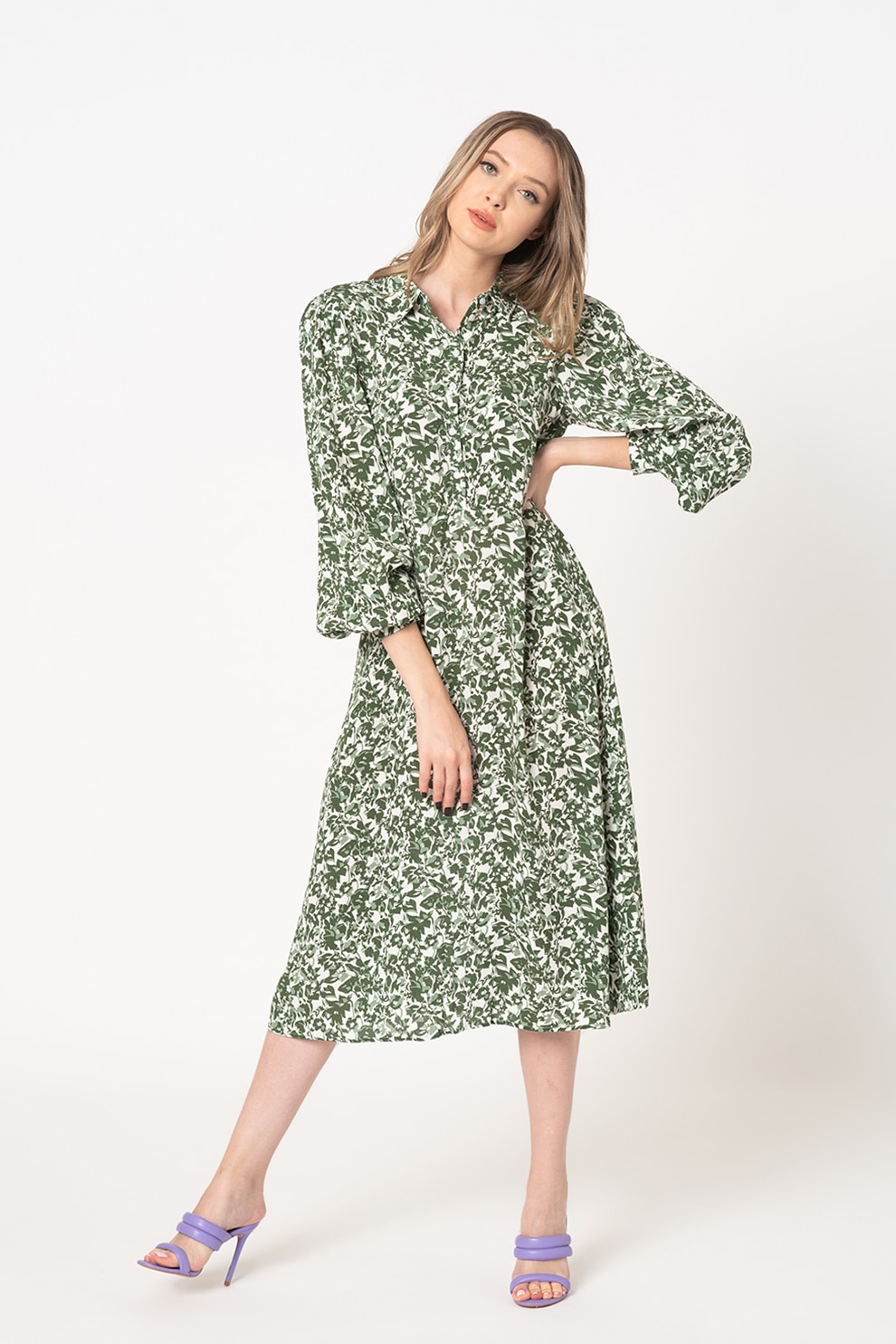 Vila, Rochie midi evazata cu imprimeu floral Katrina, Verde/Alb