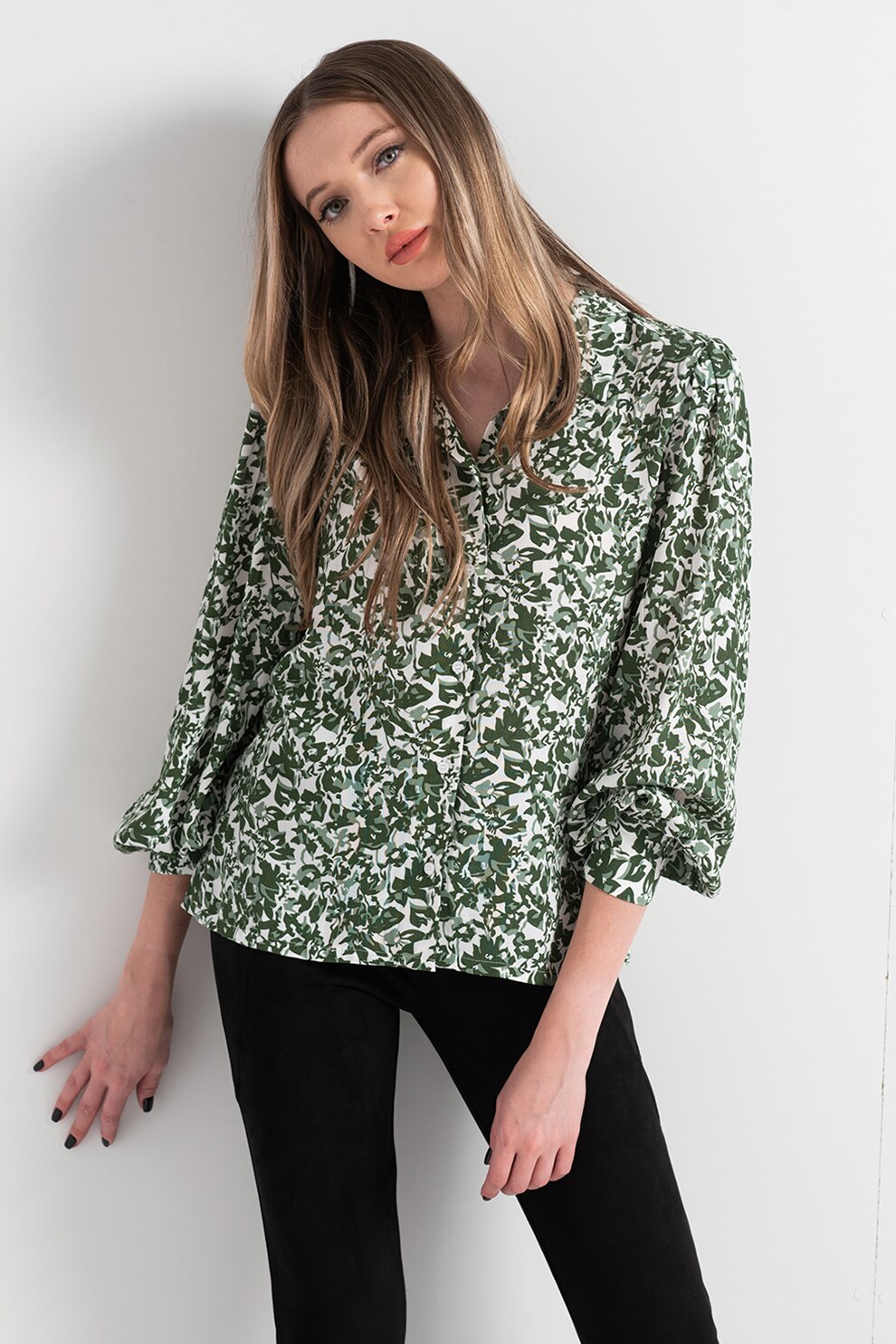 Vila, Camasa cu imprimeu floral Katrina, Verde/Alb