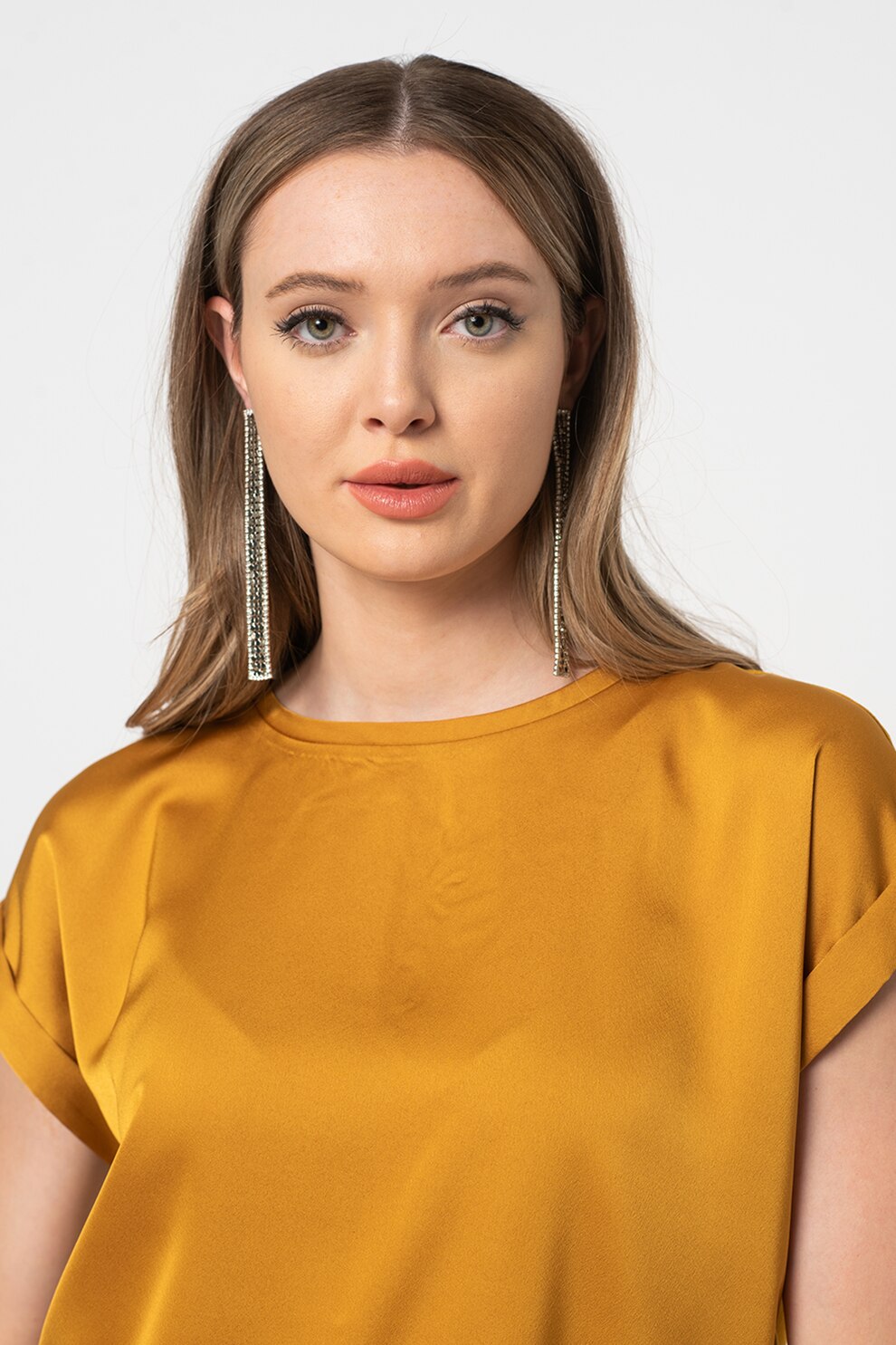 Vila, Bluza vaporoasa de satin Ellette, Ocru