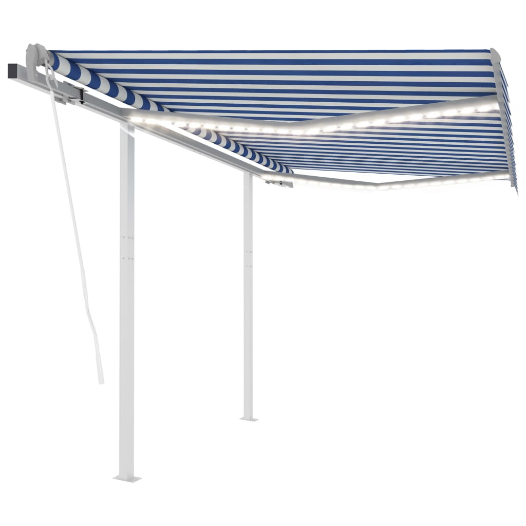 Copertina cu stalpi retractabila automat cu LED si senzor de vant vidaXL, Tesatura, 300 x 250 cm, Albastru/Alb