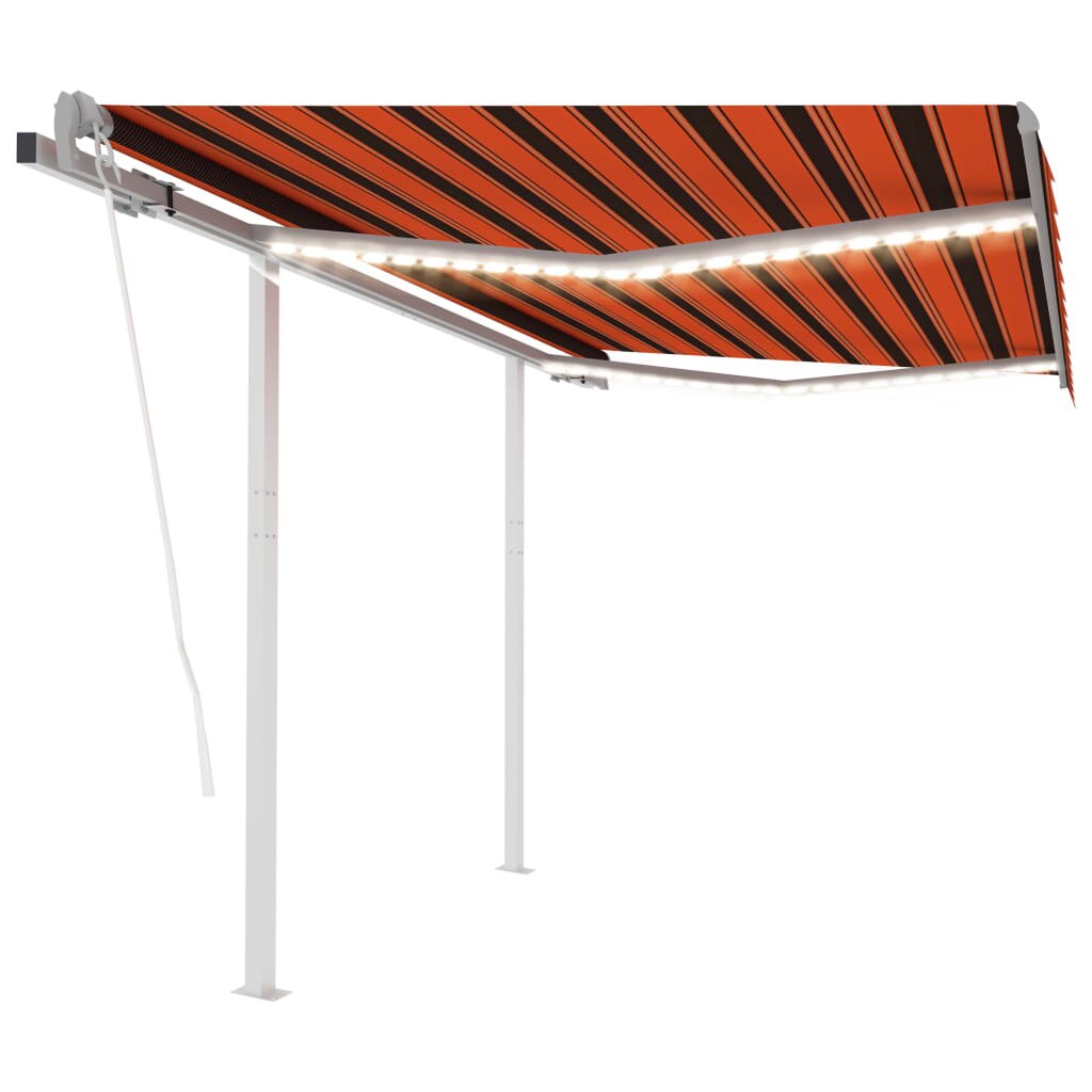 Copertina cu stalpi retractabila automat cu LED si senzor de vant vidaXL, Tesatura, 350 x 250 cm, Portocaliu/Maro