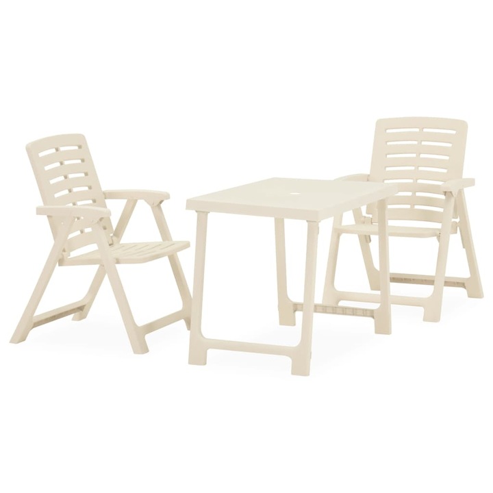 Set mobilier bistro de gradina din 3 piese vidaXL, Plastic, 81 x 56 x 63 cm, Alb