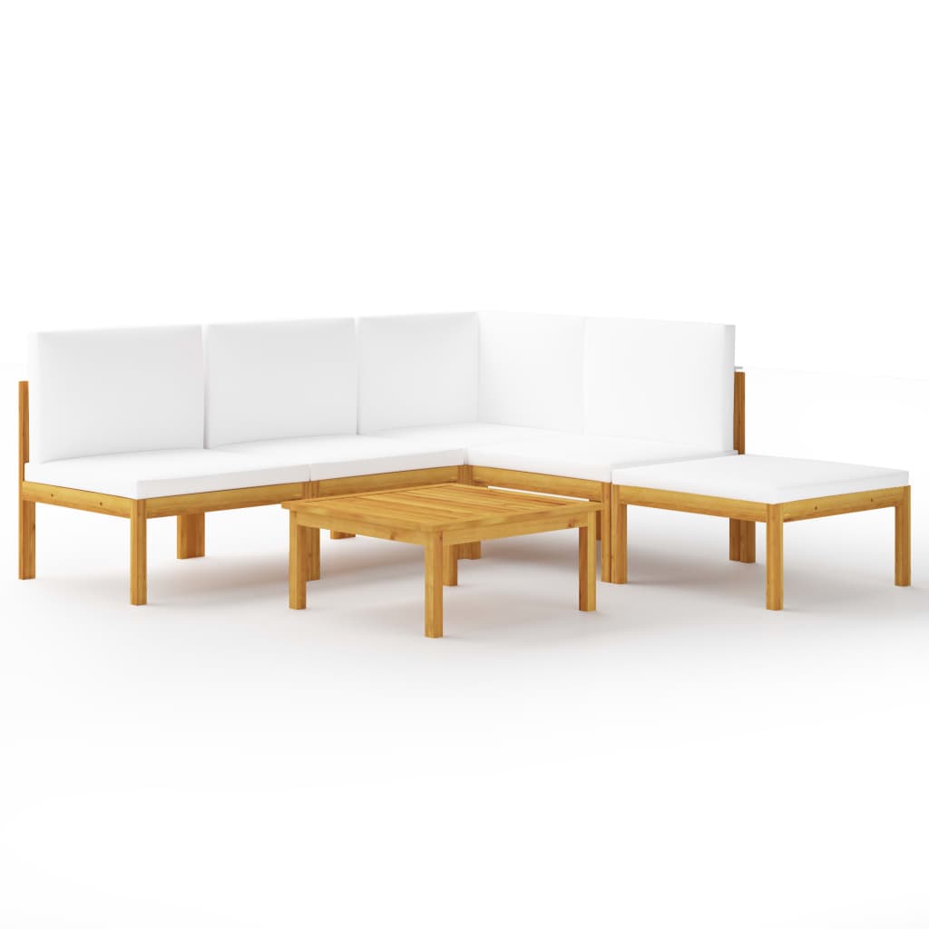 Set mobilier de gradina din 6 piese cu perne alb crem vidaXL, Lemn de acacia, 63 x 63 x 30 cm, Maro/Crem