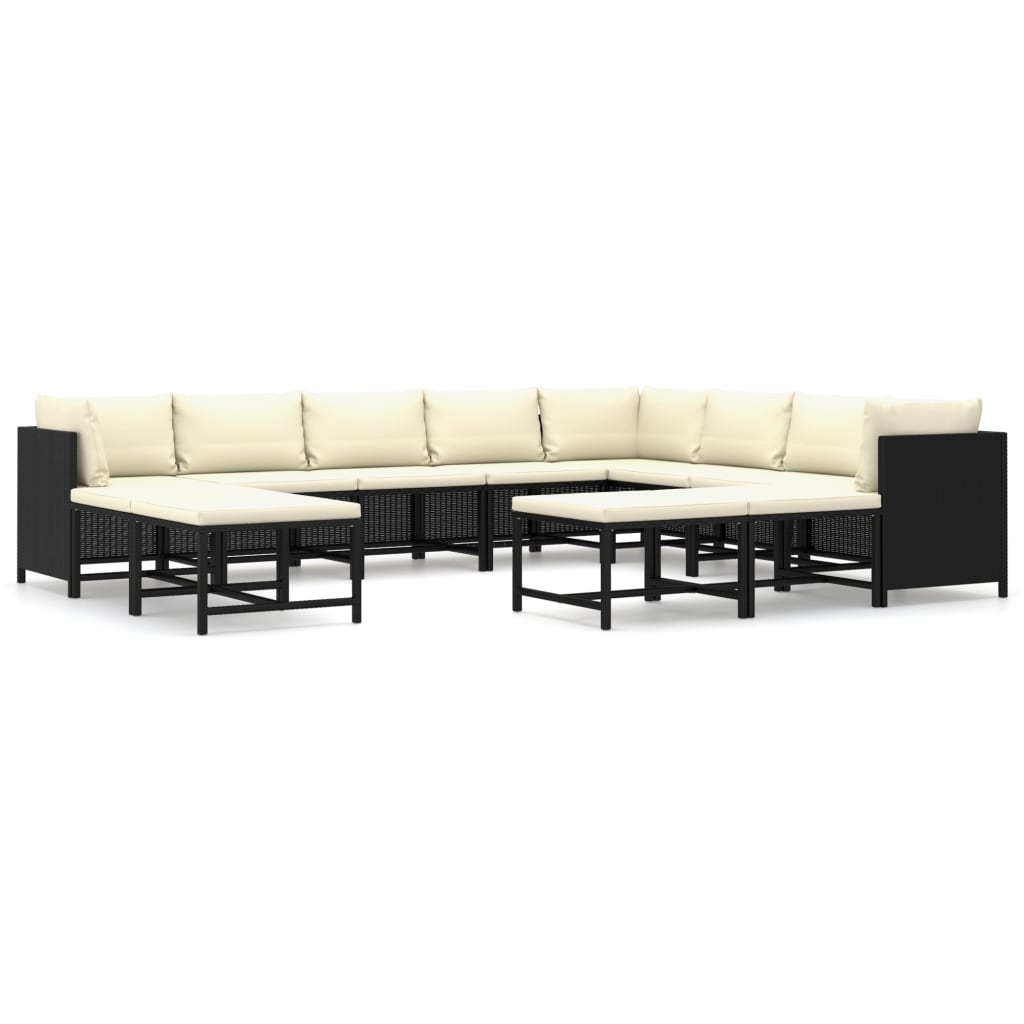 Set mobilier de gradina din 12 piese cu perne vidaXL, Poliratan, Negru/Crem