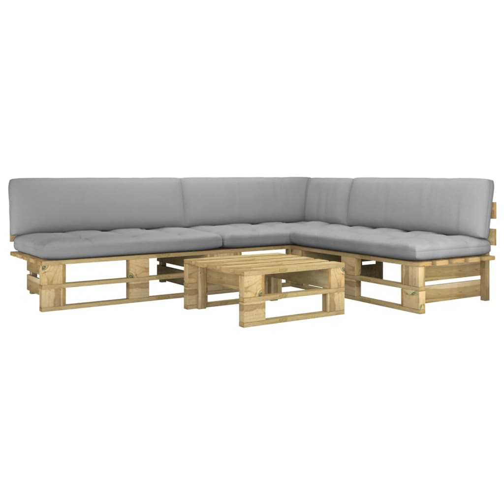 Set mobilier de gradina din paleti cu 4 piese cu perne vidaXL, Lemn, 110 x 66 x 55 cm, Verde/Gri
