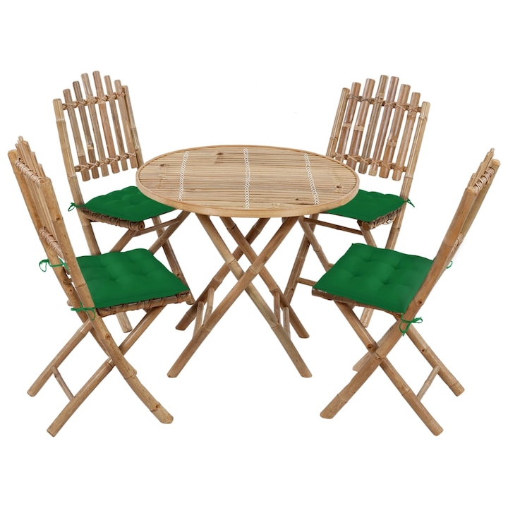 Set mobilier de exterior din 5 piese cu perne vidaXL, Bambus, 50 x 42 x 92 cm, Maro/Verde