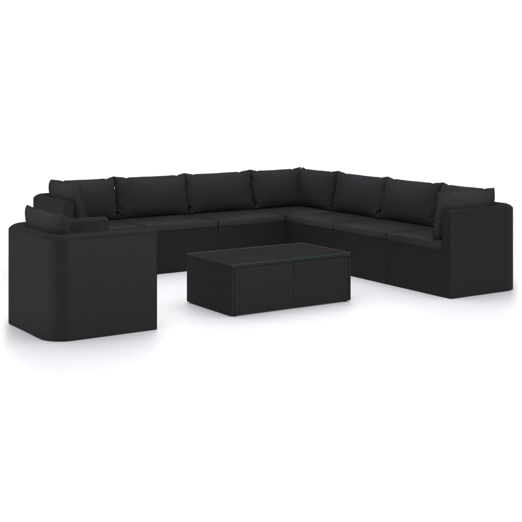 Set mobilier de exterior/gradina din 10 piese cu perne vidaXL, Poliratan, 50 x 60 x 33 cm, Negru