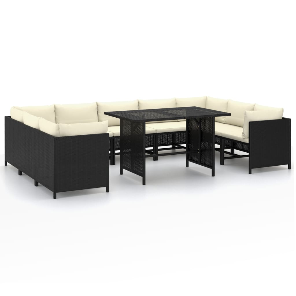 Set mobilier de gradina din 10 piese cu masa si perne incluse vidaXL, Poliratan, 110 x 70 x 65 cm, Negru/Crem