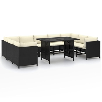 Set mobilier de gradina din 10 piese cu masa si perne incluse vidaXL, Poliratan, 110 x 70 x 65 cm, Negru/Crem Set mobilier de gradina din 10 piese cu masa si perne incluse vidaXL, Poliratan, 110 x 70 x 65 cm, Negru/Crem