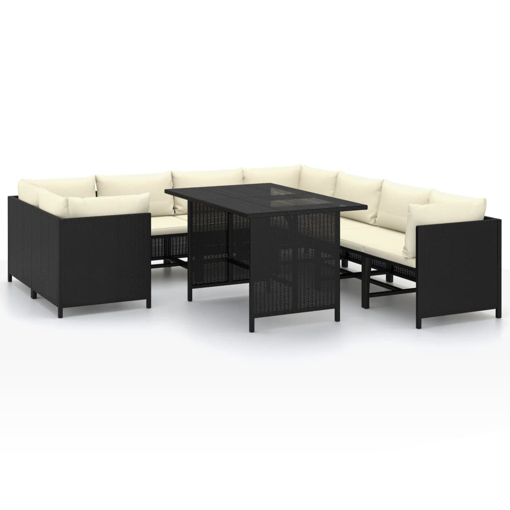 Set mobilier de gradina din 9 piese cu masa si perne incluse vidaXL, Poliratan, 110 x 70 x 65 cm, Negru/Crem