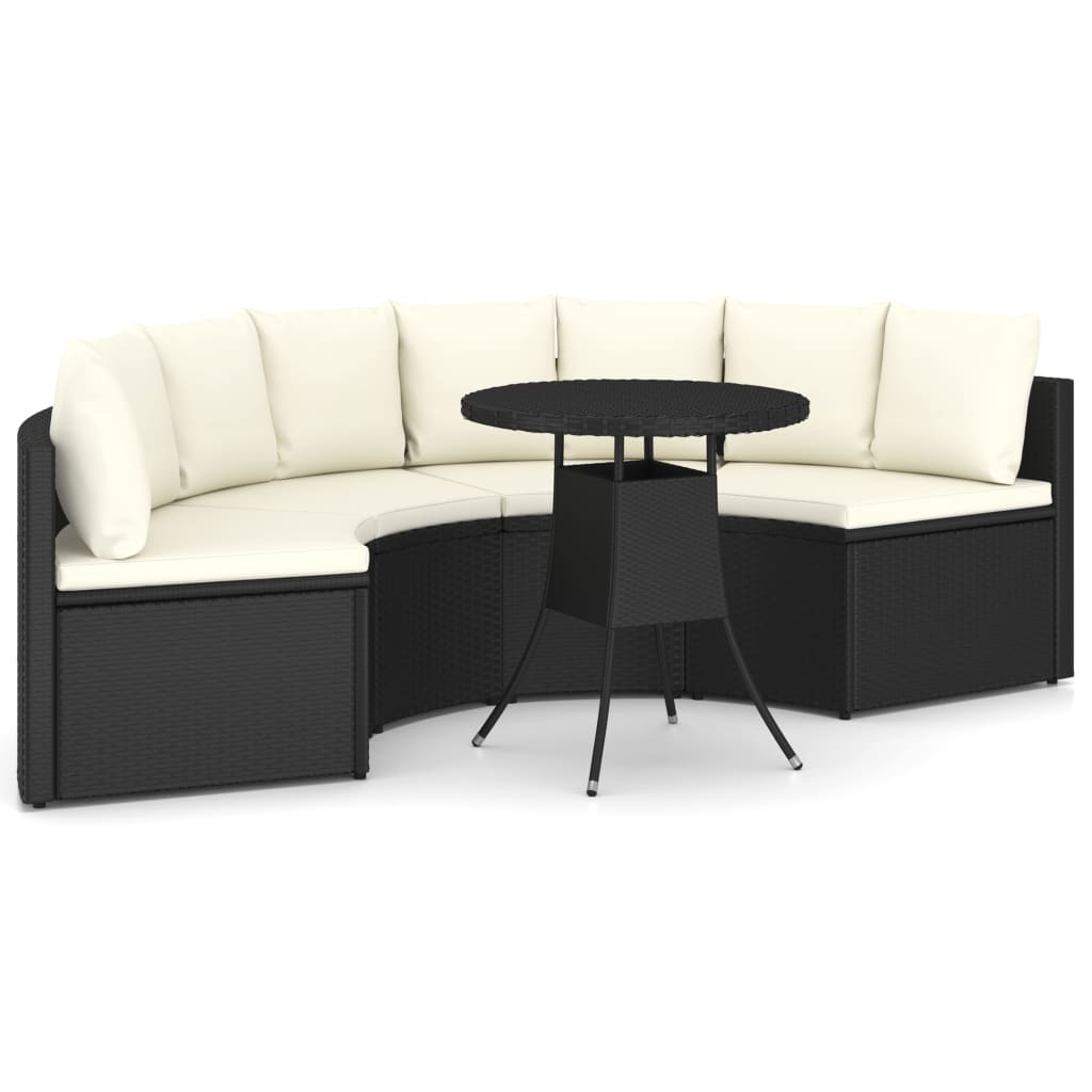Set mobilier de gradina semi-rotund din 5 piese cu perne vidaXL, Poliratan, 88 x 66 x 67 cm, Negru/Crem