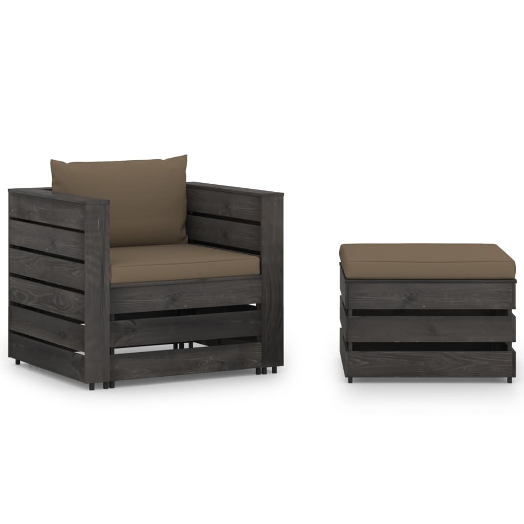 Set mobilier de gradina din 2 piese cu perna colorata vidaXL, Lemn, 77 x 70 x 66 cm, Negru/Gri taupe