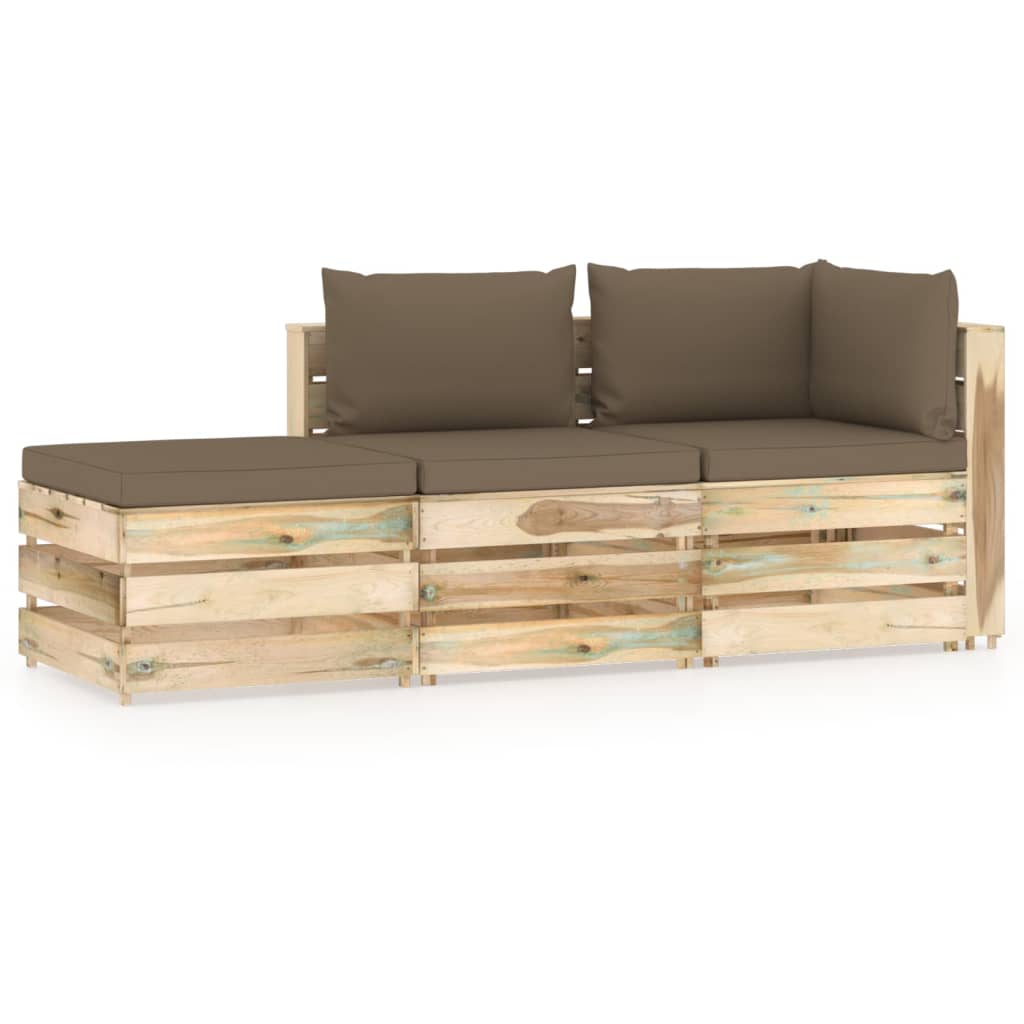 Set mobilier de gradina din paleti din 3 piese cu perne vidaXL, Lemn, 60 x 70 x 66 cm, Maro/ Gri taupe