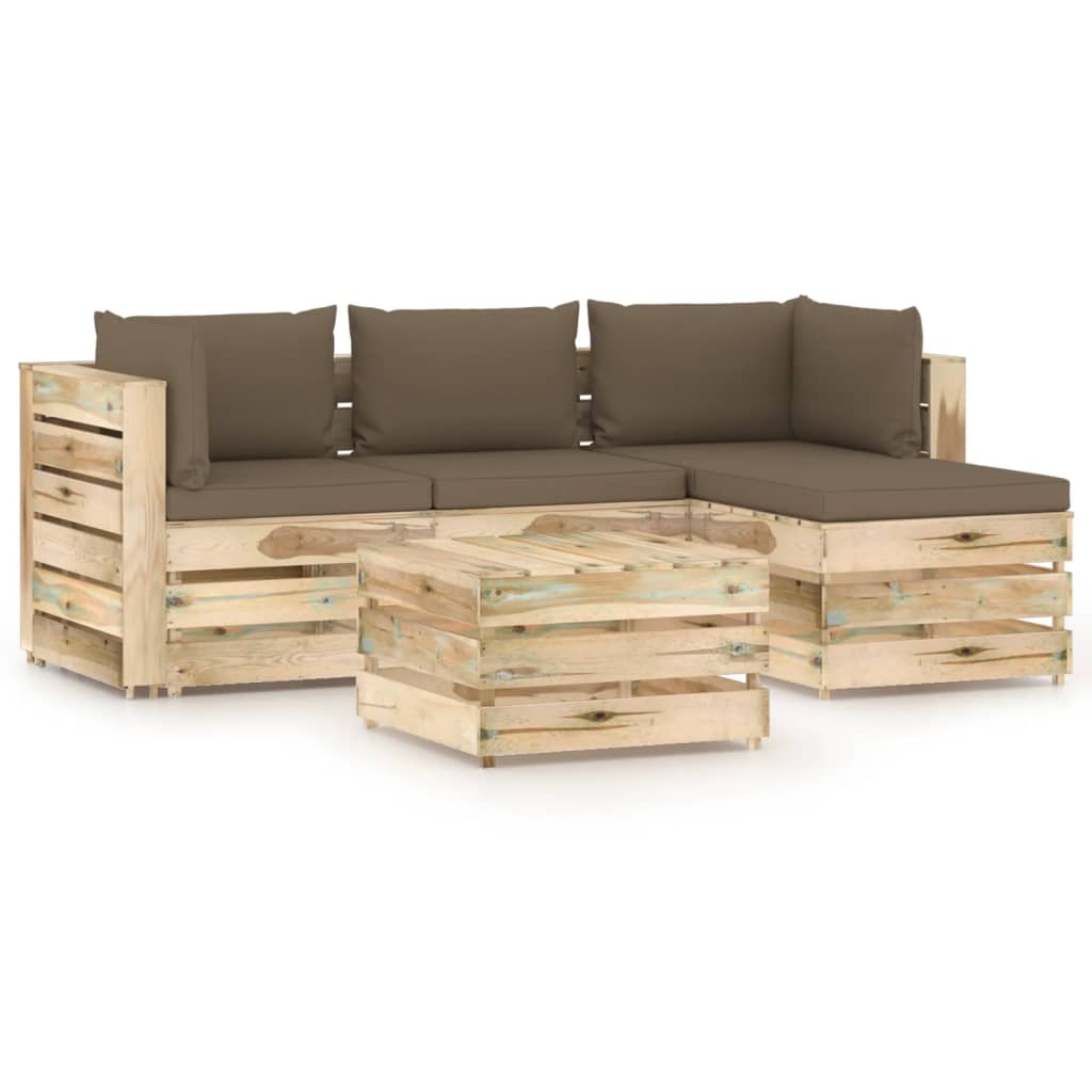 Set mobilier de gradina din paleti din 5 piese cu perne vidaXL, Lemn, 60 x 70 x 66 cm, Maro/Gri taupe