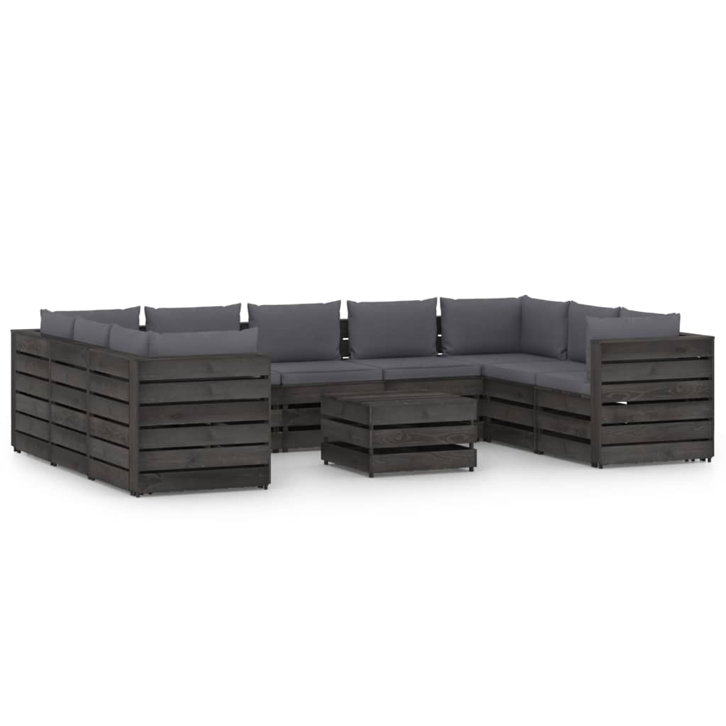 Set mobilier de gradina din 10 piese cu perne vidaXL, Lemn, Negru/Gri antracit