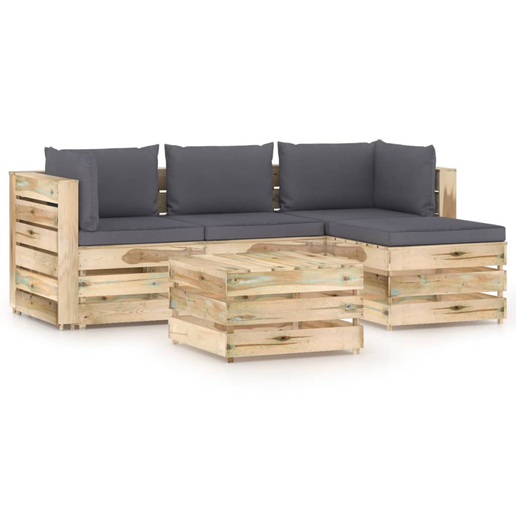 Set mobilier de gradina din paleti din 5 piese cu perne vidaXL, Lemn, 60 x 70 x 66 cm, Maro/ Gri antracit