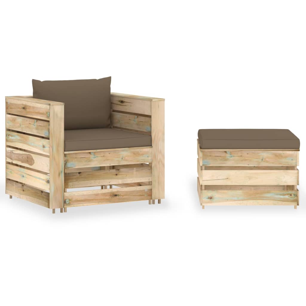Set mobilier de gradina din paleti din 2 piese cu perna vidaXL, Lemn, 77 x 70 x 66 cm, Maro/Gri taupe