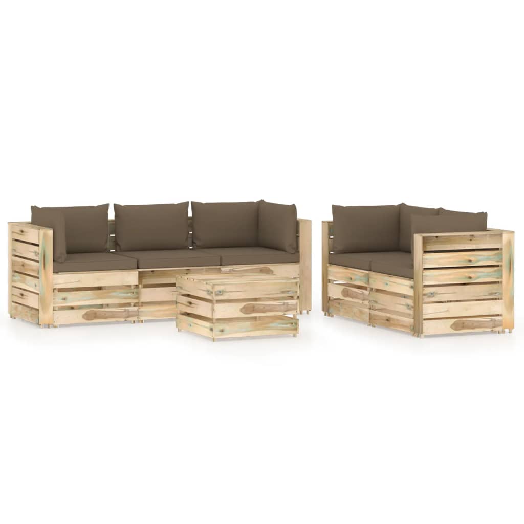 Set mobilier de gradina din paleti din 6 piese cu perne vidaXL, Lemn, 60 x 70 x 66 cm, Maro/Gri taupe