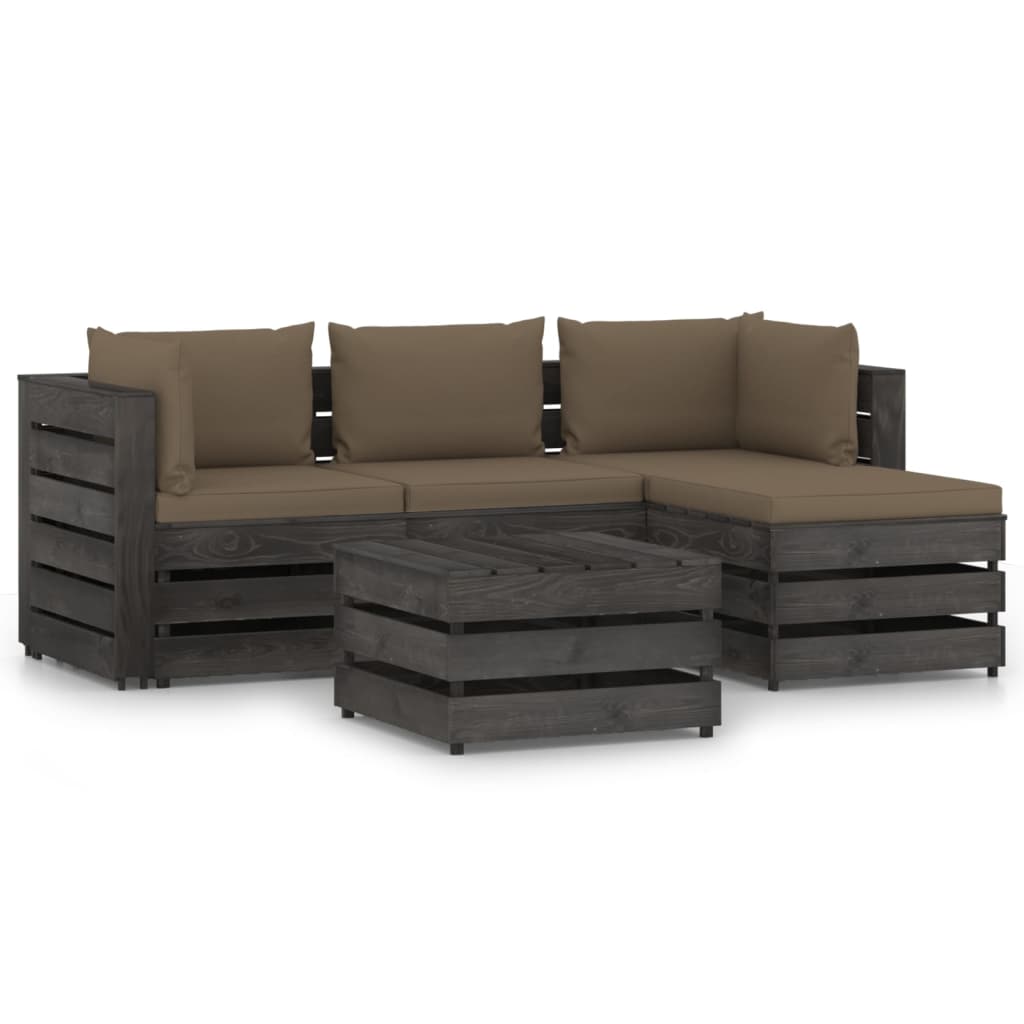 Set mobilier de gradina din 5 piese cu perne vidaXL, Lemn, Negru/Gri taupe