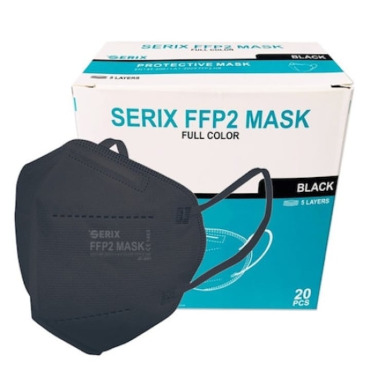 20 darab védő maszk, 5 réteg, FFP2 KN95, Fekete, Csomagolt egyén