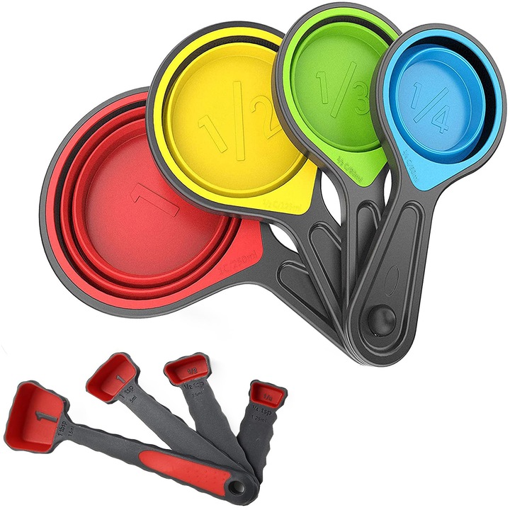 Set 8 cupe masurare din silicon, pliabile, 1,25ml, 2,5ml, 5ml/15ml, 60ml, 80ml, 125ml, 250ml, multicolor