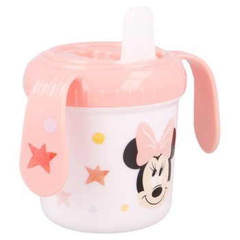 Cana cu cioc, Minnie Mouse cu stelute, corai, 250 ml, +10 luni Cana cu cioc, Minnie Mouse cu stelute, corai, 250 ml, +10 luni