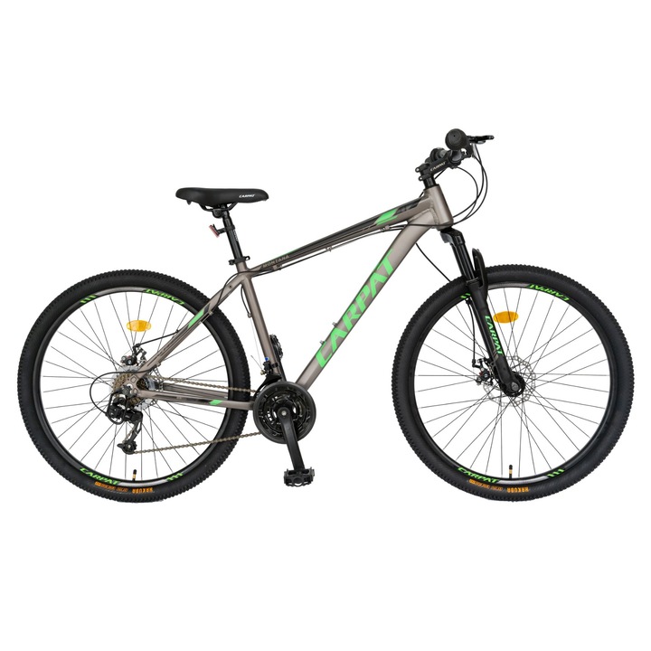 Bicicleta MTB de munte CARPAT MTB MONTANA JSX2799, cadru Aluminiu, manete schimbator Shimano, suspensie fata, roata 27.5 inch, frana disc fata/spate, 21 viteze, gri/verde