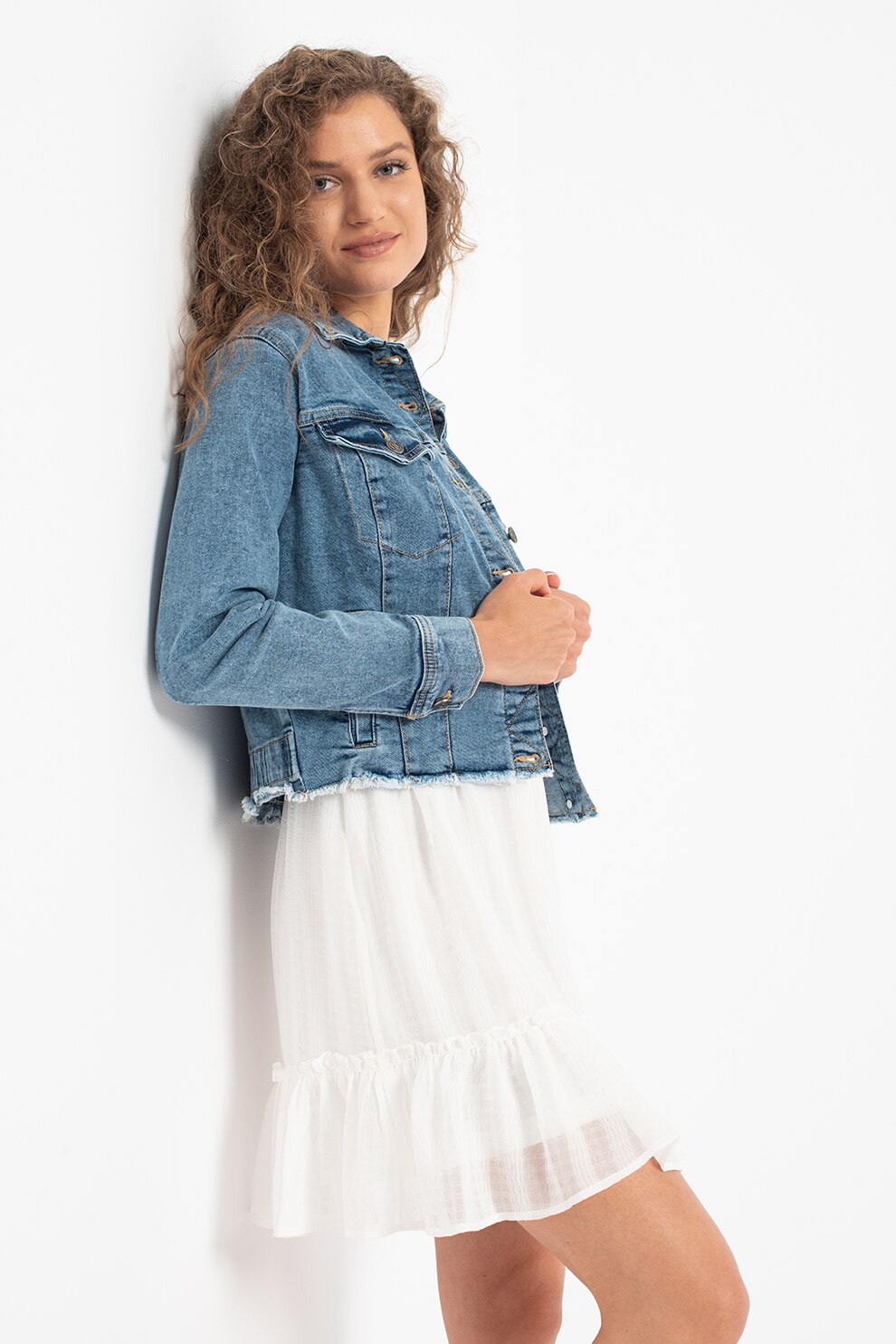 Sisters Point, Jacheta de denim cu terminatii franjurate, Albastru deschis