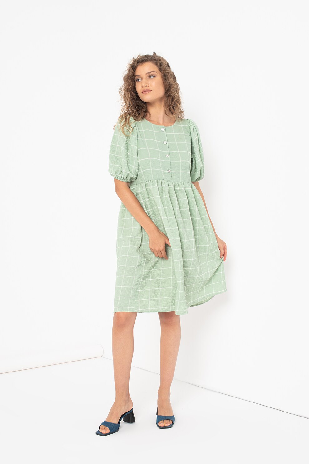 Sisters Point, Rochie in carouri cu maneci bufante Meca, Verde menta/Alb prafuit