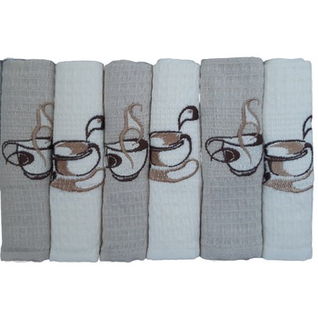 Set 6 Prosoape de bucatarie, din bumbac, cu broderie, culoare maro/bej Set 6 Prosoape de bucatarie, din bumbac, cu broderie, culoare maro/bej