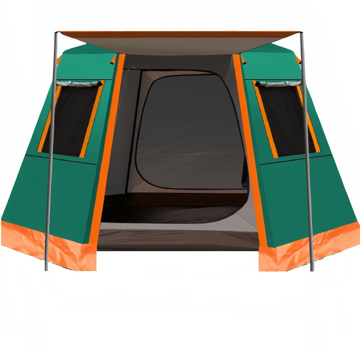 Cort Camping, 4-6 Persoane, 330 x 330 x 198 cm, Poliester, Verde/Portocaliu, cu Geanta de Transport, Dittom™